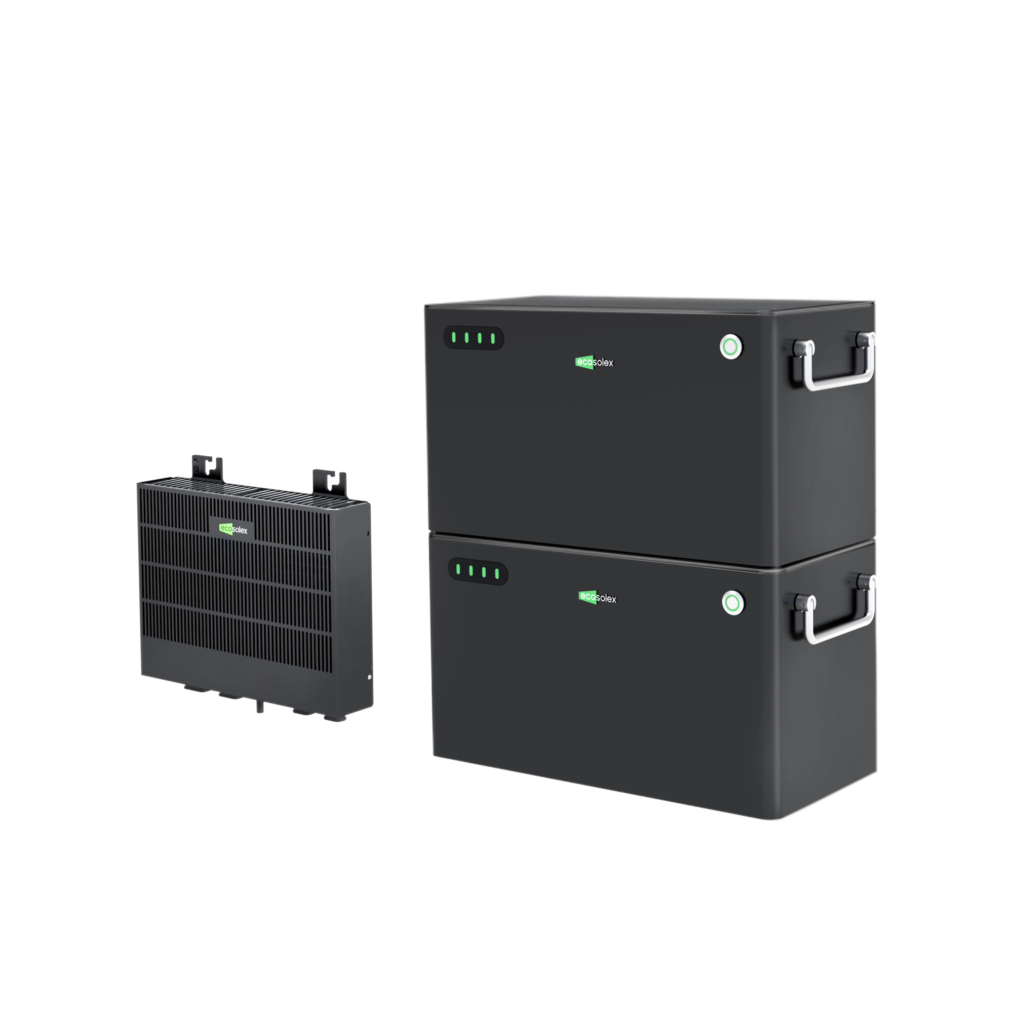 Three-quarter view of balcony solar system with battery
