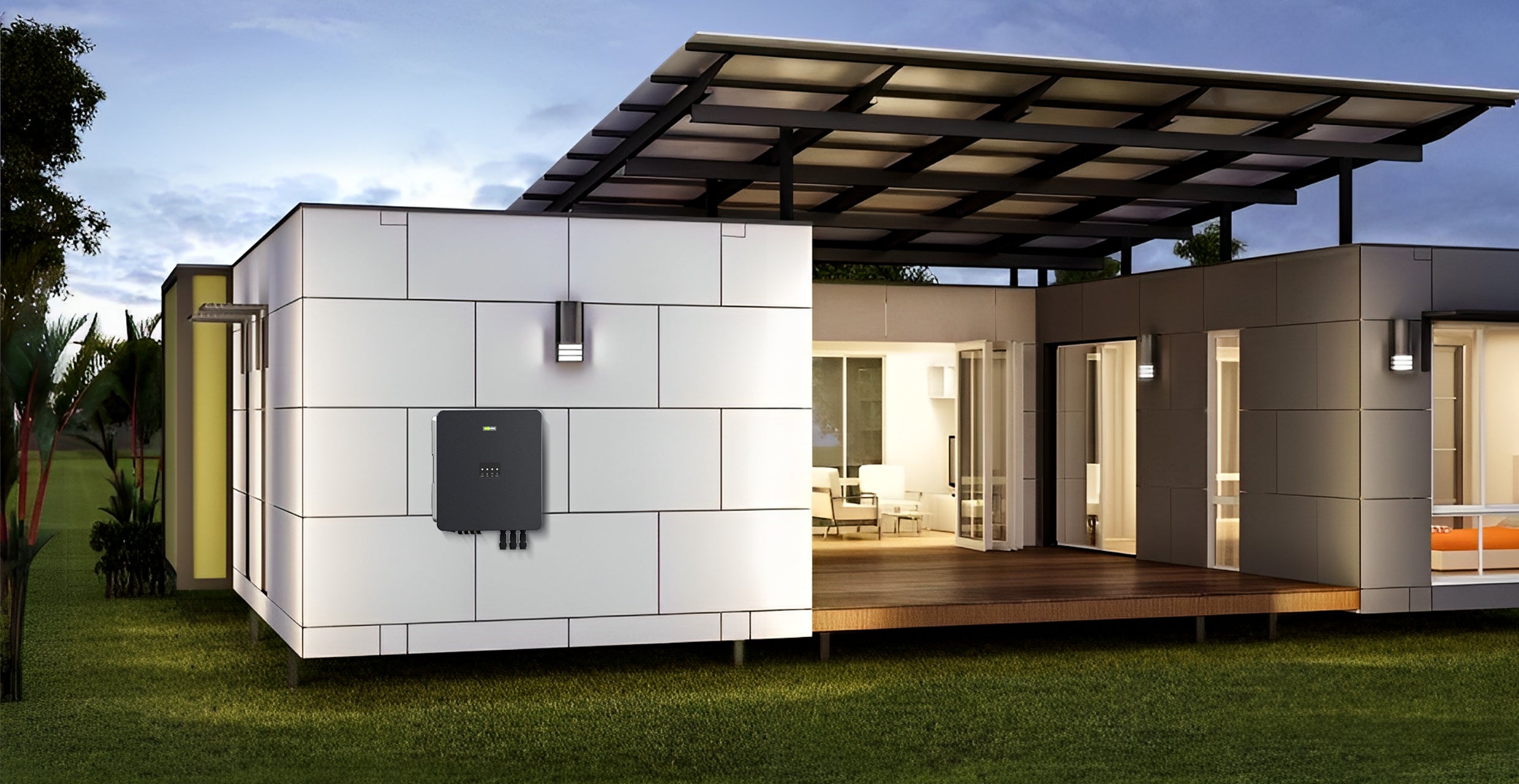 Ecosolex 3-phase hybrid inverter deployed on modern home exterior with solar panel canopy