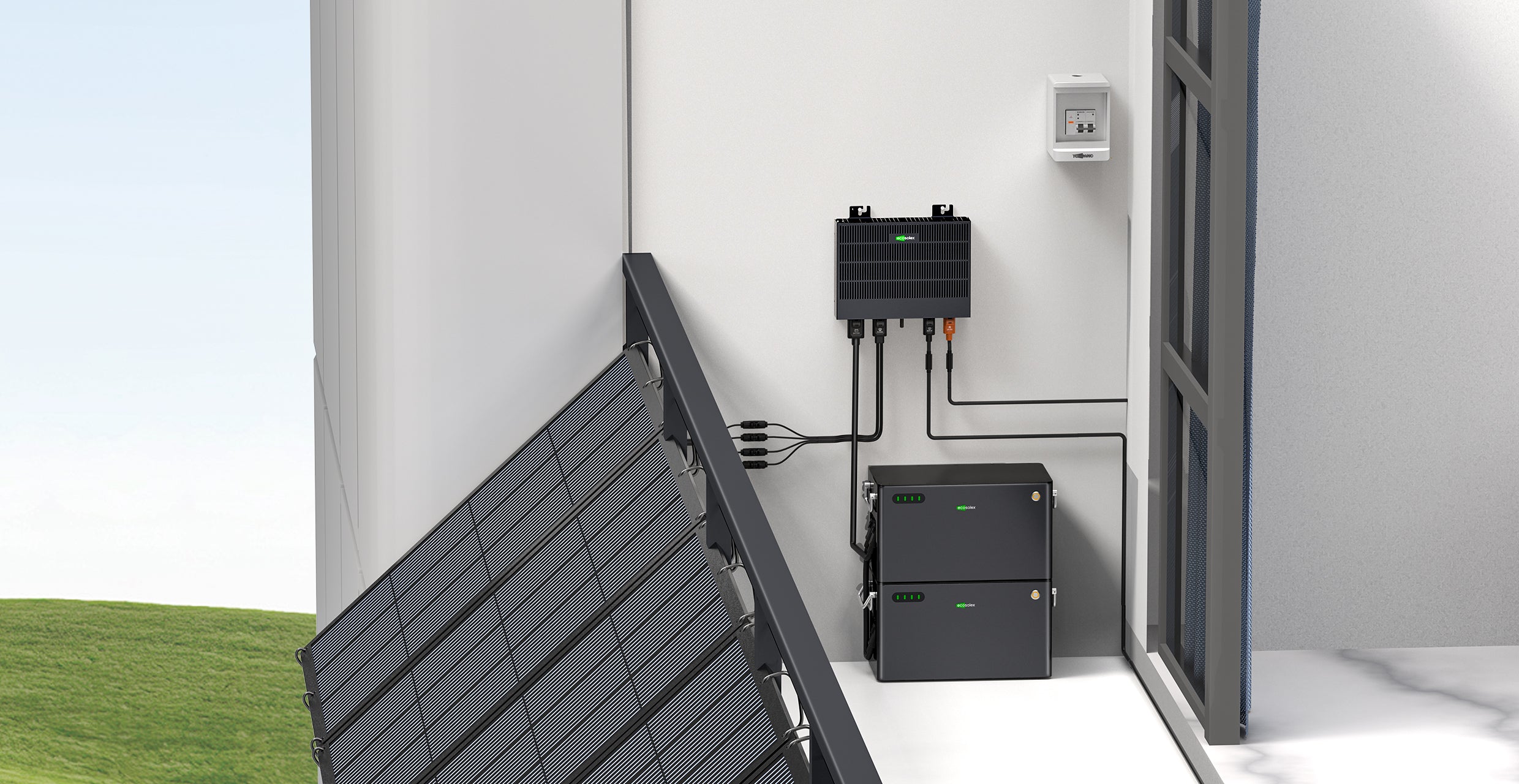 Ecosolex hybrid solar inverter with battery backup installed in the modern balcony and paired with solar panels
